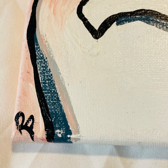 Hand-Painted Abstract Canvas Art Of Woman Rosy Headdress & Bold Eyes Signed RP - Picture 4 of 10